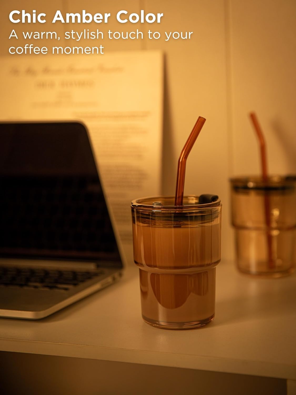 13oz Glass Tumbler with Straw and Lid, Reusable Iced Coffee Cup Tumbler, Cute Glass Cups for Water, Matcha, Travel Coffee Mugs (Amber - 13oz)