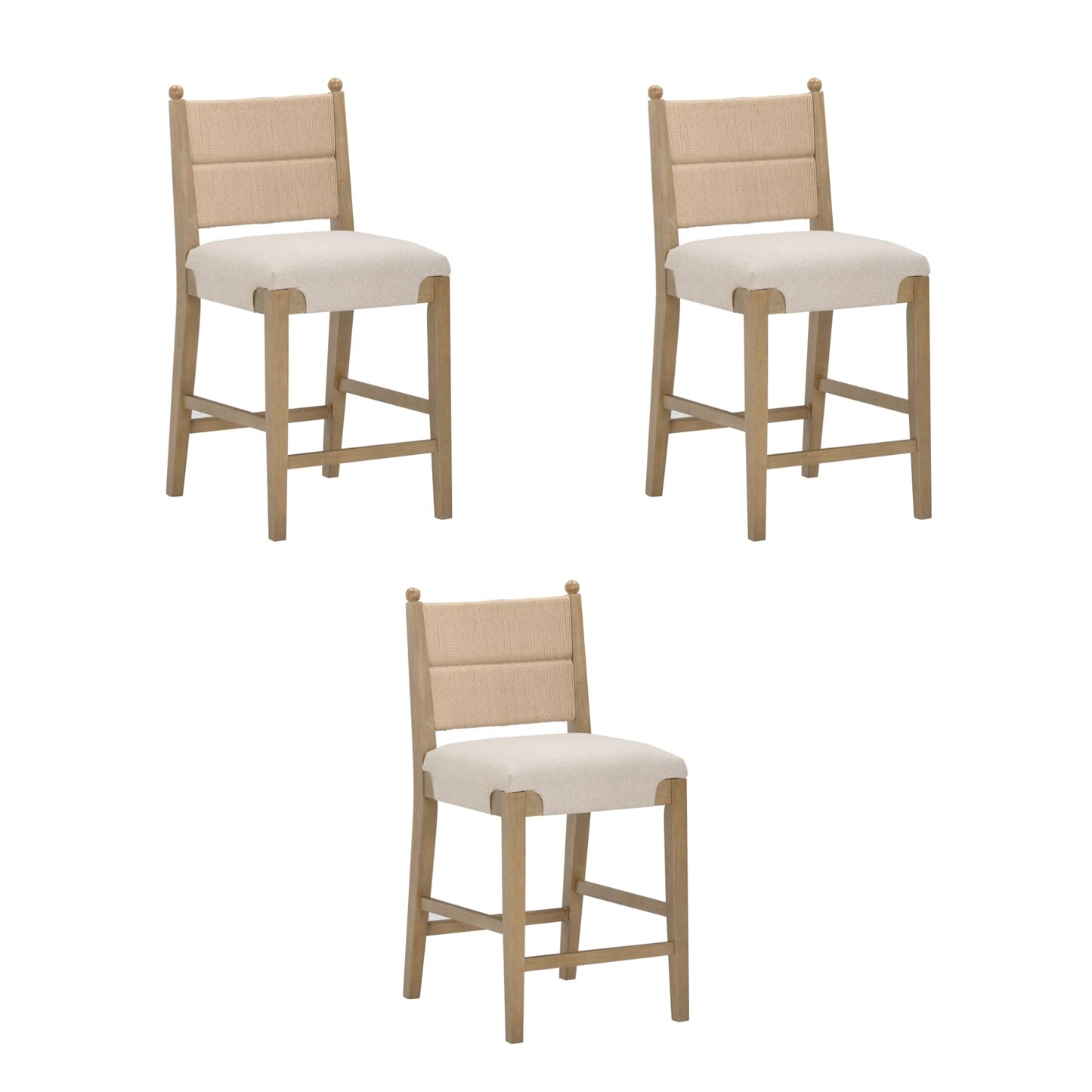 Nathan James Rikki Seagrass Bar Stool with Back, 2-Pack Boucle Counter Stool with Upholstered Seat, Solid Wood Frame, and Woven Seagrass Backrest