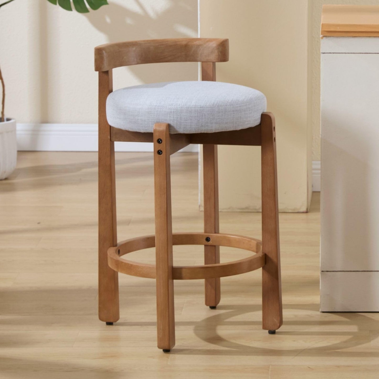 LukeAlon Mid Century Linen Counter Stools Set of 3, Upholstered 26.5" Seat Height Low Barstools with Natural Wood Legs Round Low Back Kitchen Stools with Footrest for Dining Room, Beige