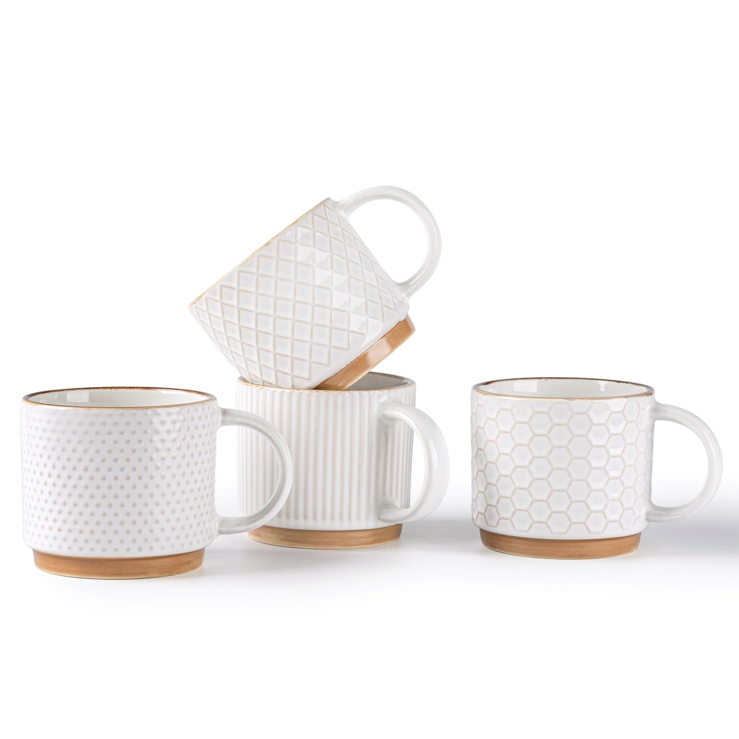 GBhome 12OZ Stackable Coffee Mugs, Ceramic Coffee Mugs with Texture Patterns for Man,Woman,Dad,Mom, Modern Coffee Mugs Set of 4 for Latte/Cappuccino/Cocoa. Dishwasher&Microwave Safe, Pale Khaki