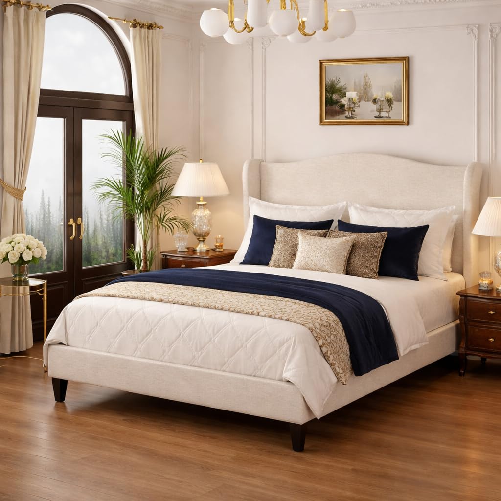 King Bed Frame with Extra Tall 55.5" Wingback Headboard, White Boucle Upholstered Platform Bed Frame, Modern Cloud Bed, Noise-Free, Metal Slats Support, No Box Spring Needed