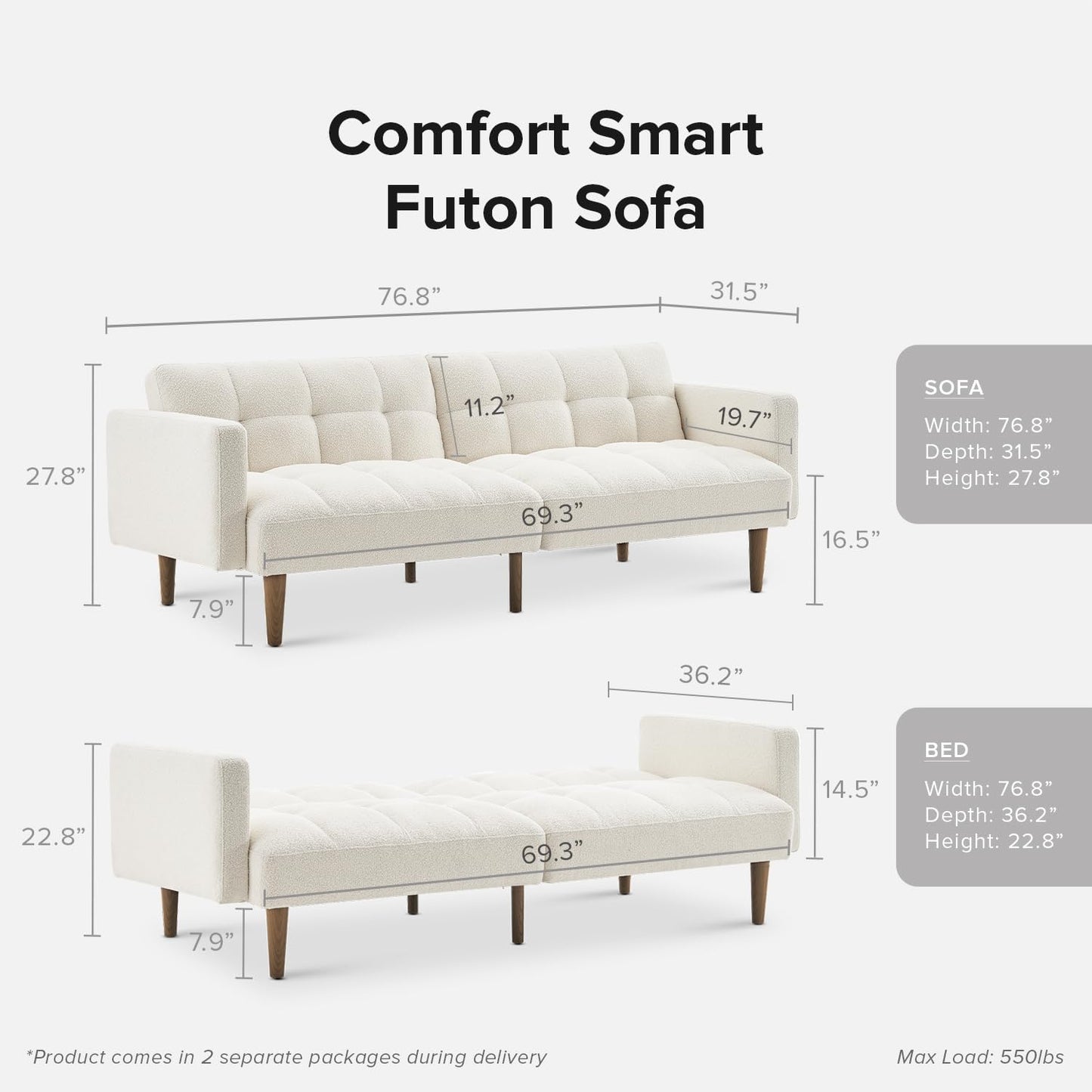 Futon Sofa Sleeper Couch (Pearl White Boucle)
