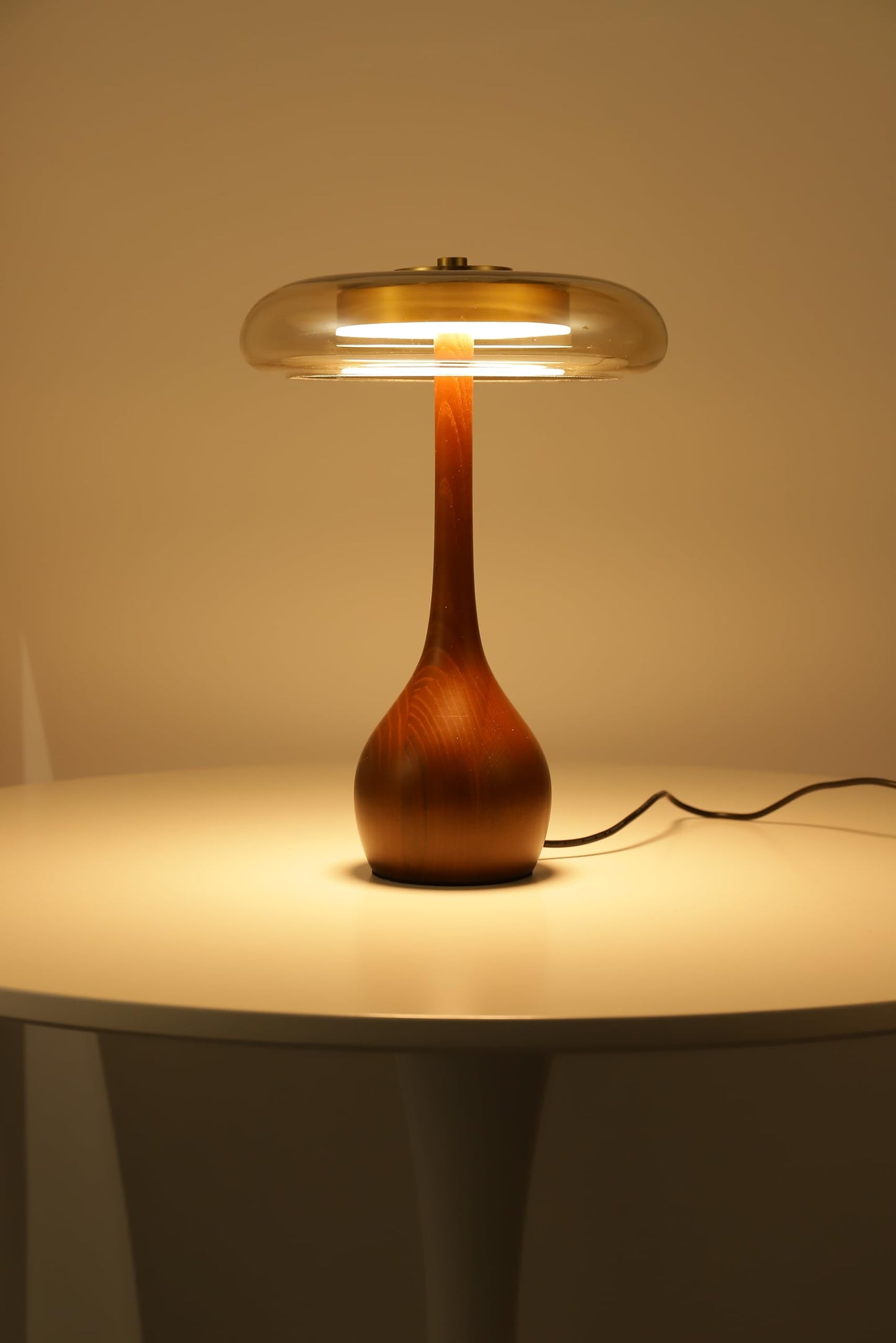 Brass Base Mushroom Table Lamp for Bedroom, Small Desk Lamp with Amber Glass Shade, LED Three Color Temperature Adjustable Brightness Modern Side Table Lighting (H 15.4 in)