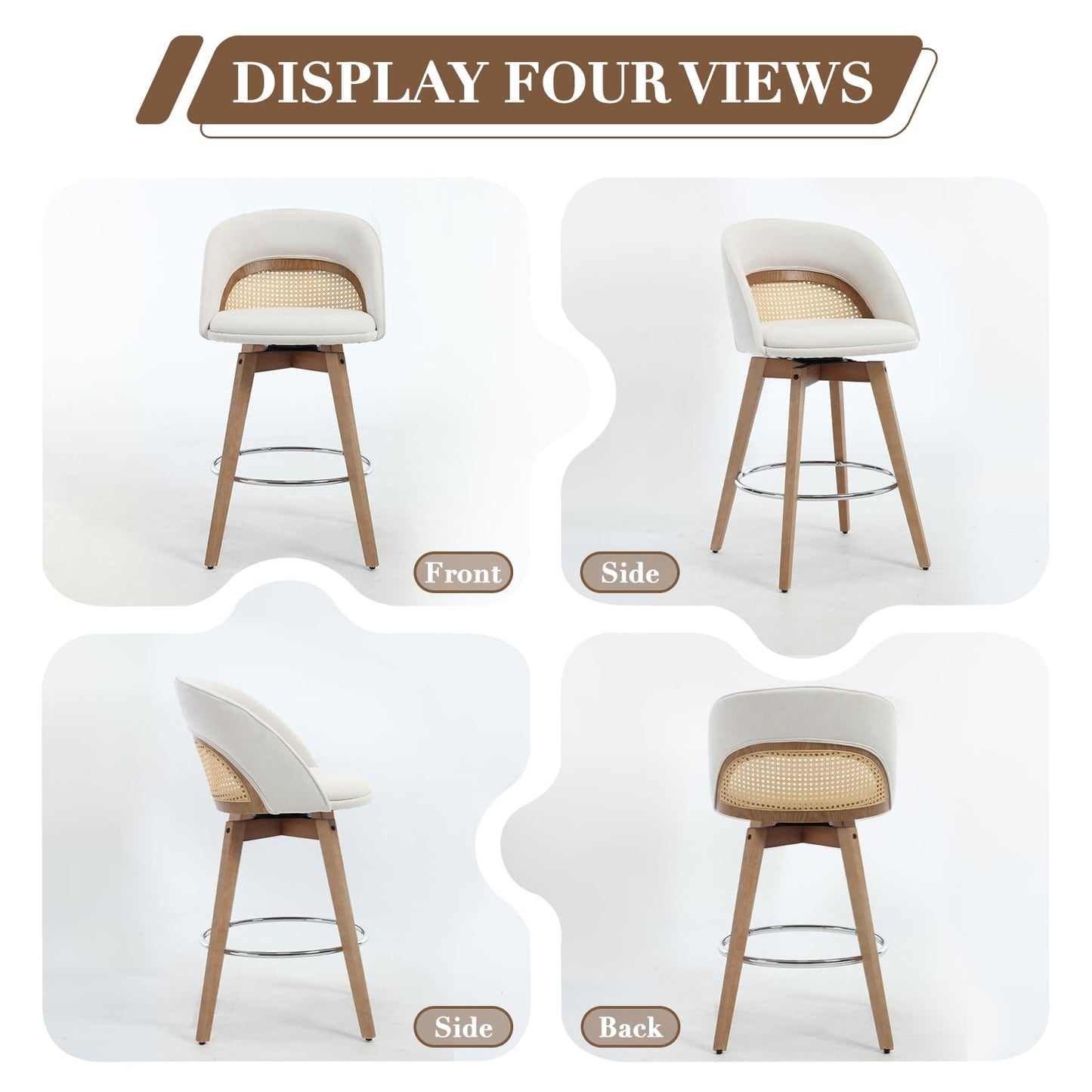 EALSON Bar Stools Set of 4, 26" Swivel Barstools with Rattan Backrest, Modern Faux Leather Upholstered Counter Height Bar Stools with Wood Legs & Bronze Footrest for Kitchen Island/Living Room, Brown