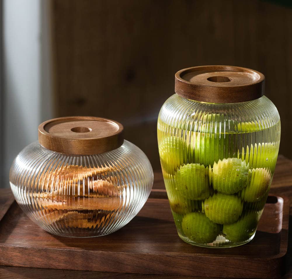 Glass Food Storage Container Candy Dish Spice Jar with Seal Wooden Lid