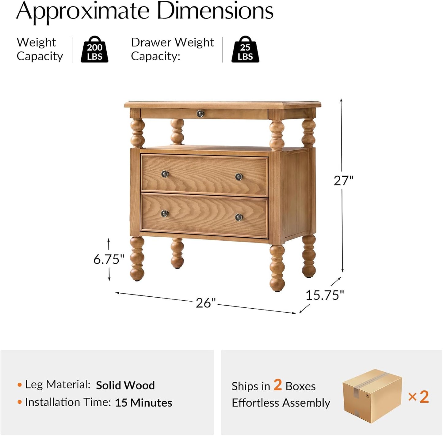 26" End Table with Charging Station and Transitional 2 Drawer Wood