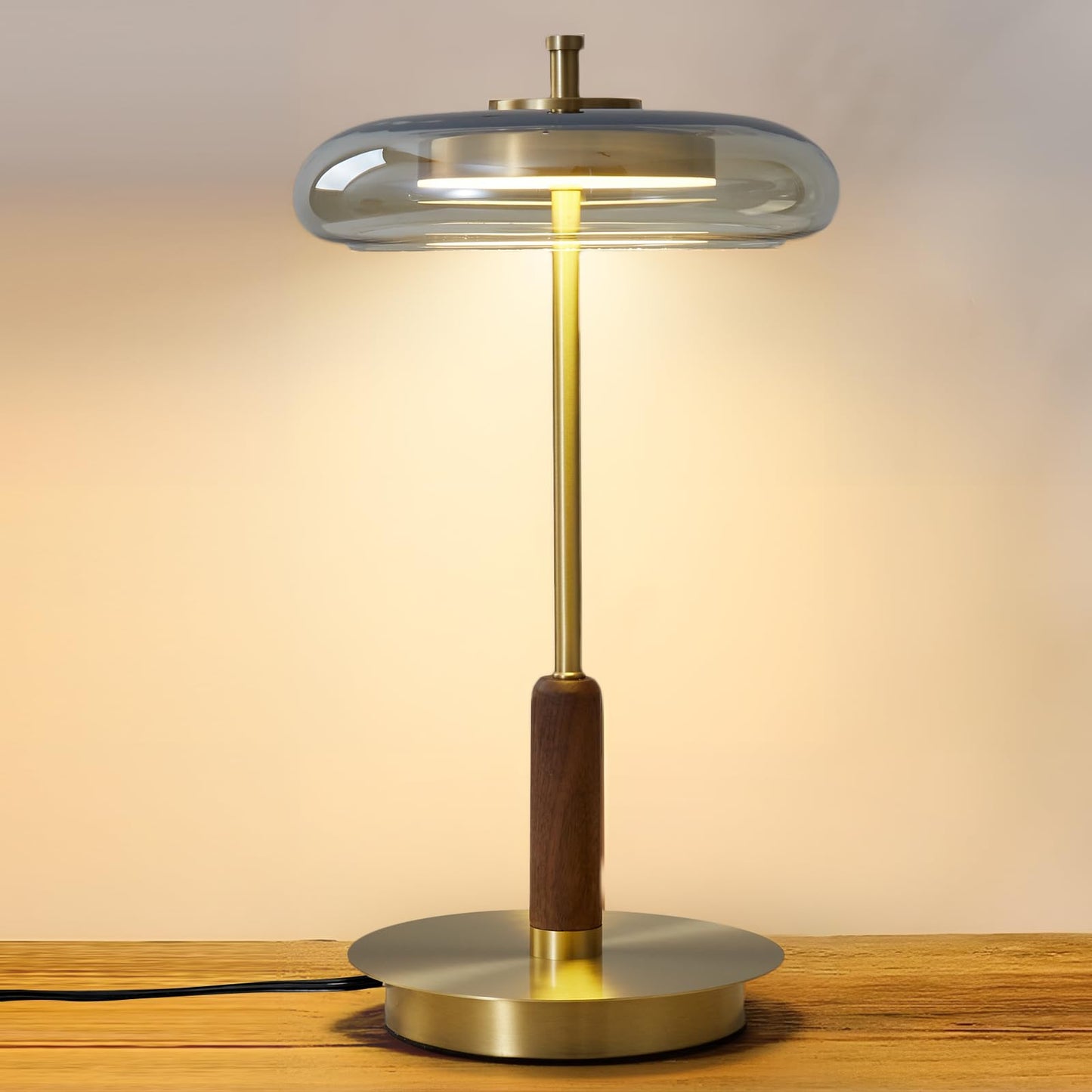 Brass Base Mushroom Table Lamp for Bedroom, Small Desk Lamp with Amber Glass Shade, LED Three Color Temperature Adjustable Brightness Modern Side Table Lighting (H 15.4 in)