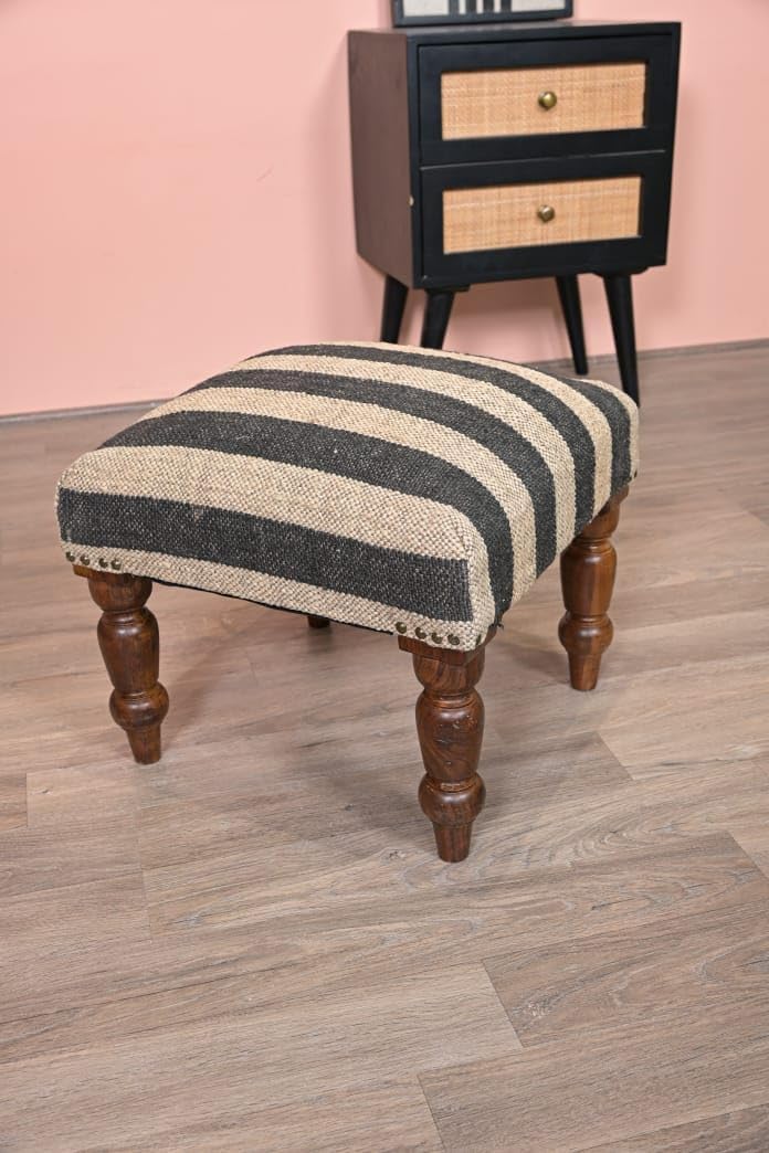 Handmade Jute Ottoman Stool with Wooden Legs