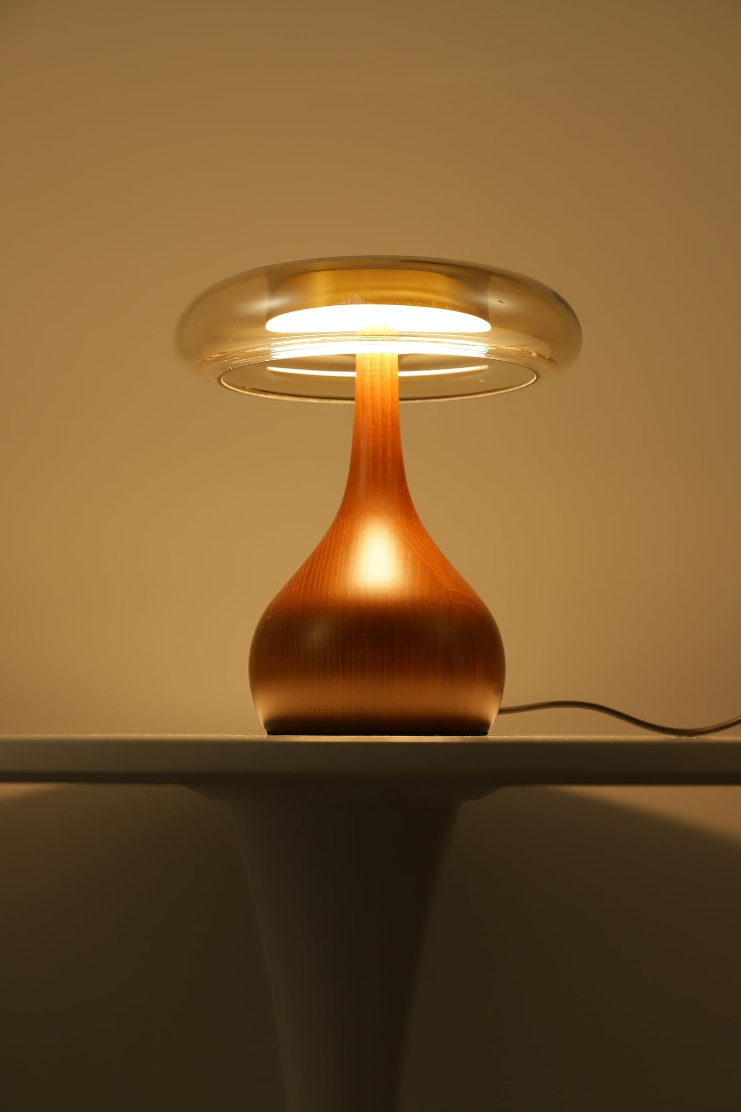 Brass Base Mushroom Table Lamp for Bedroom, Small Desk Lamp with Amber Glass Shade, LED Three Color Temperature Adjustable Brightness Modern Side Table Lighting (H 15.4 in)