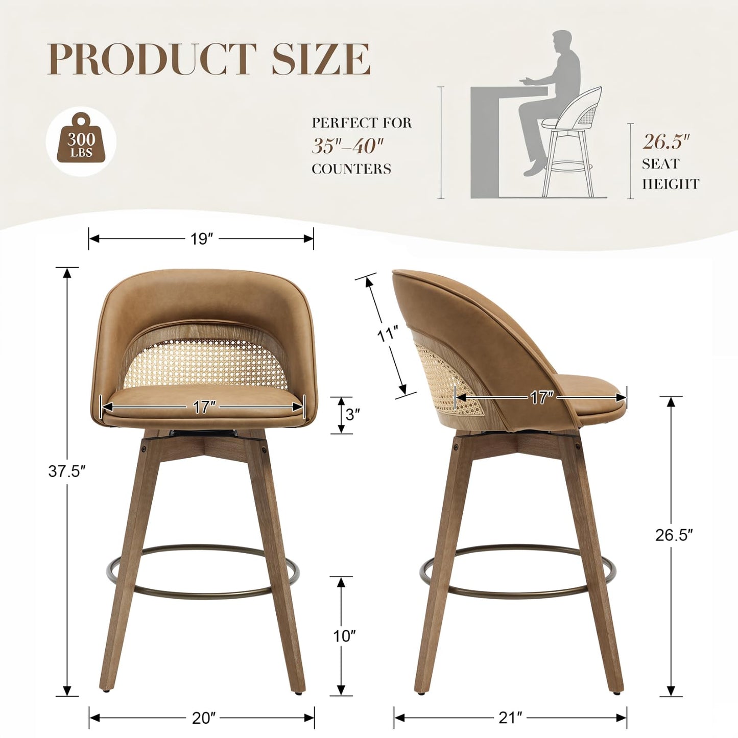 EALSON Bar Stools Set of 4, 26" Swivel Barstools with Rattan Backrest, Modern Faux Leather Upholstered Counter Height Bar Stools with Wood Legs & Bronze Footrest for Kitchen Island/Living Room, Brown