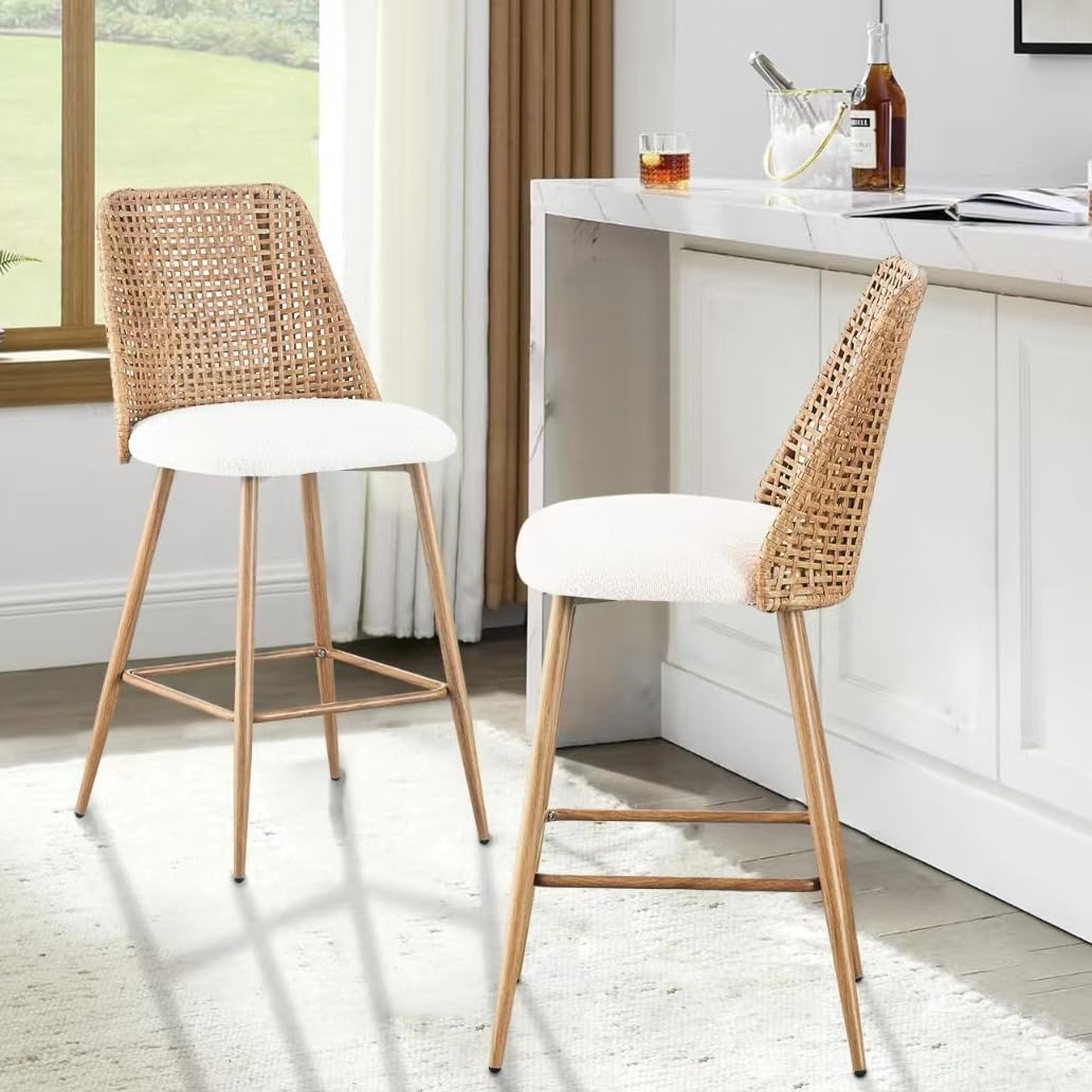 Rattan Bar Stools Set of 2, Counter Height Wicker Bar Stools with Square Back, Square Bar Chair with PE Rattan with Metal Legs,Chair for Home Kitchen