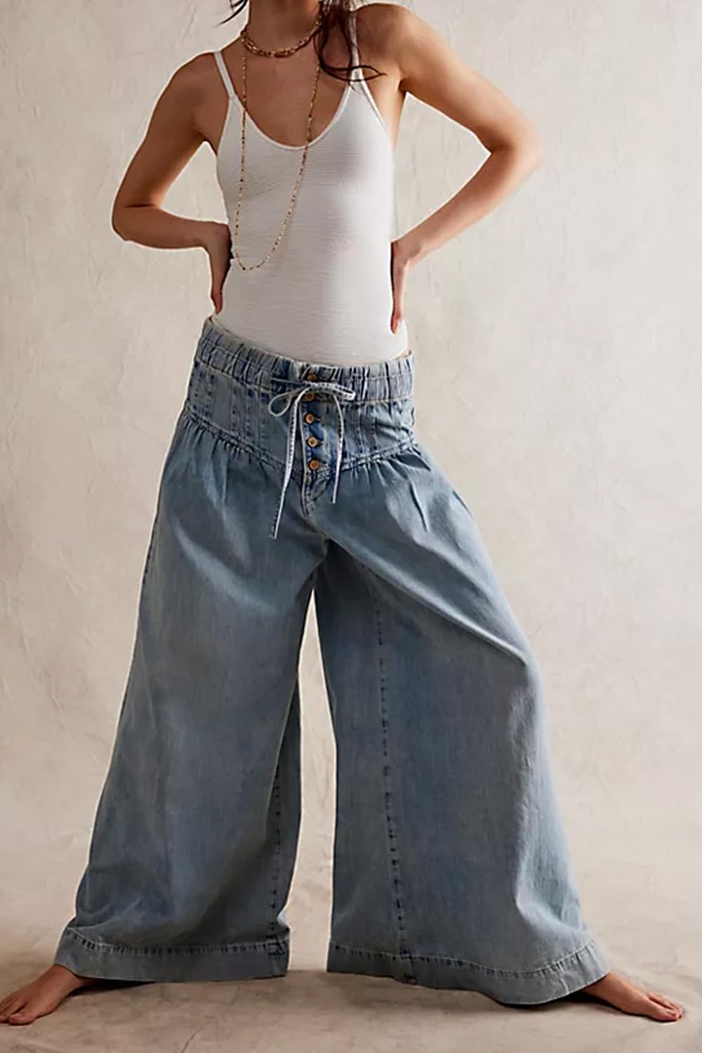 yoeasy Womens Wide Leg Jeans Elastic Drawstring Waisted Casual Loose Flare Denim Pants Baggy Boyfriend Jeans