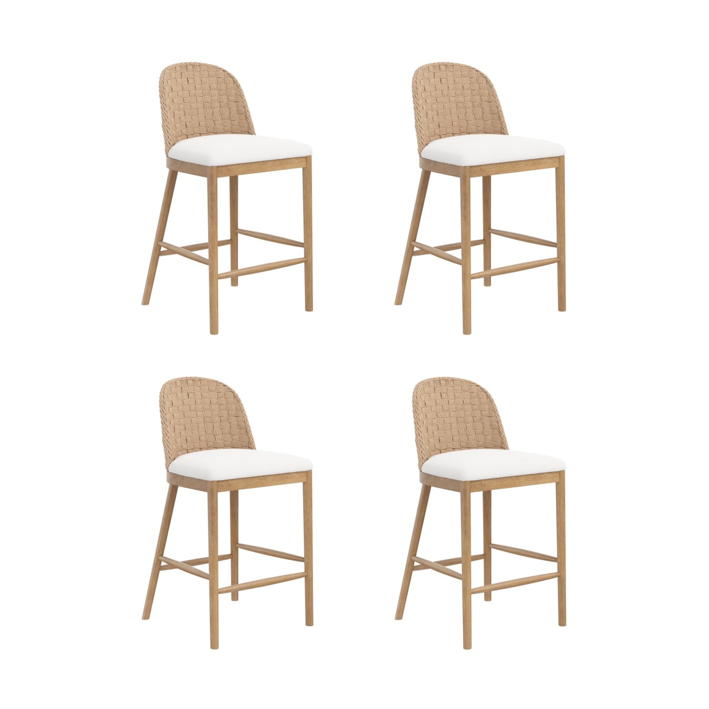 Nathan James Rikki Seagrass Bar Stool with Back, 2-Pack Boucle Counter Stool with Upholstered Seat, Solid Wood Frame, and Woven Seagrass Backrest