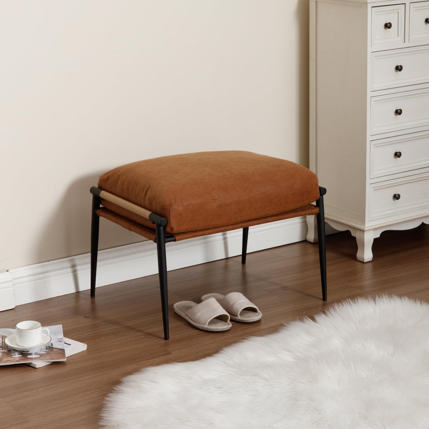 Chenille Upholstered Footstool with Black Legs