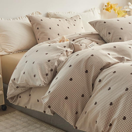 Duvet Cover Set - Brown Plaid Gingham Comforter Cover with Zipper Closure