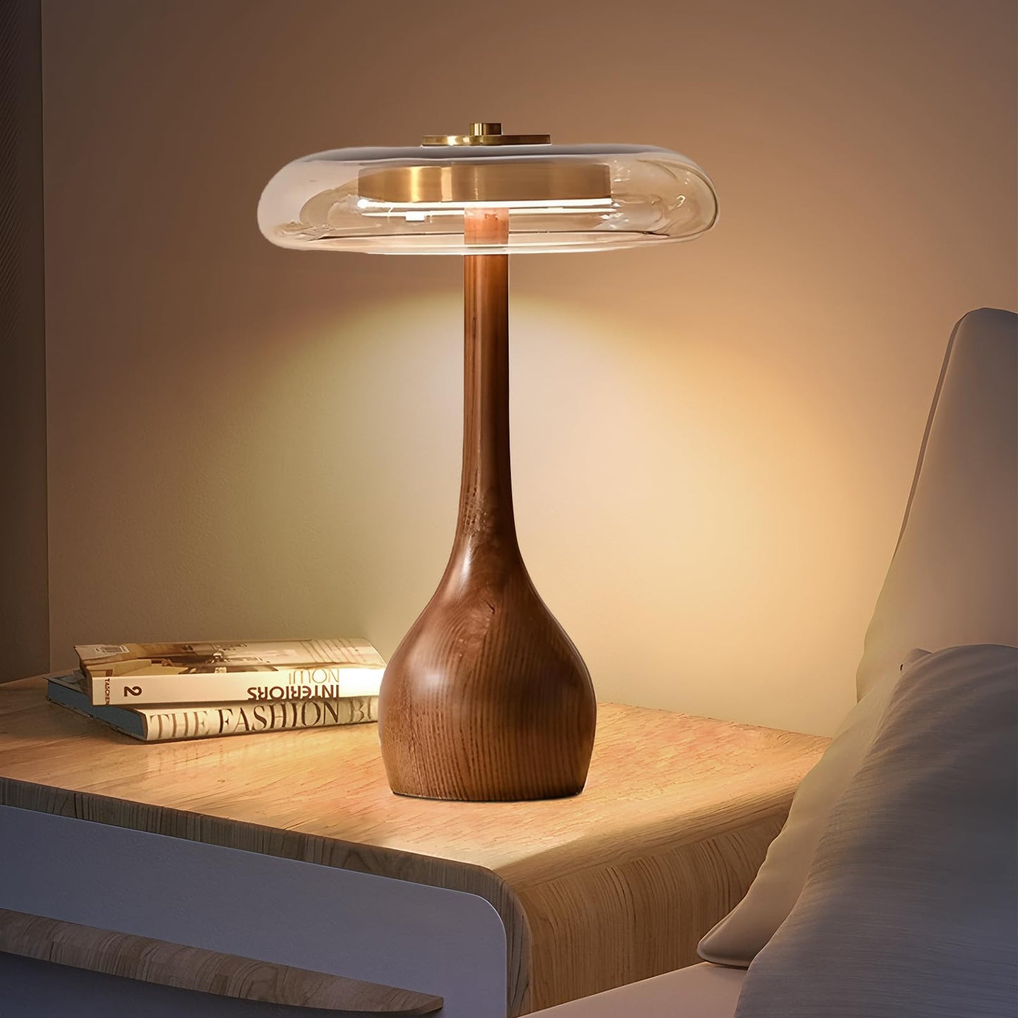 Brass Base Mushroom Table Lamp for Bedroom, Small Desk Lamp with Amber Glass Shade, LED Three Color Temperature Adjustable Brightness Modern Side Table Lighting (H 15.4 in)