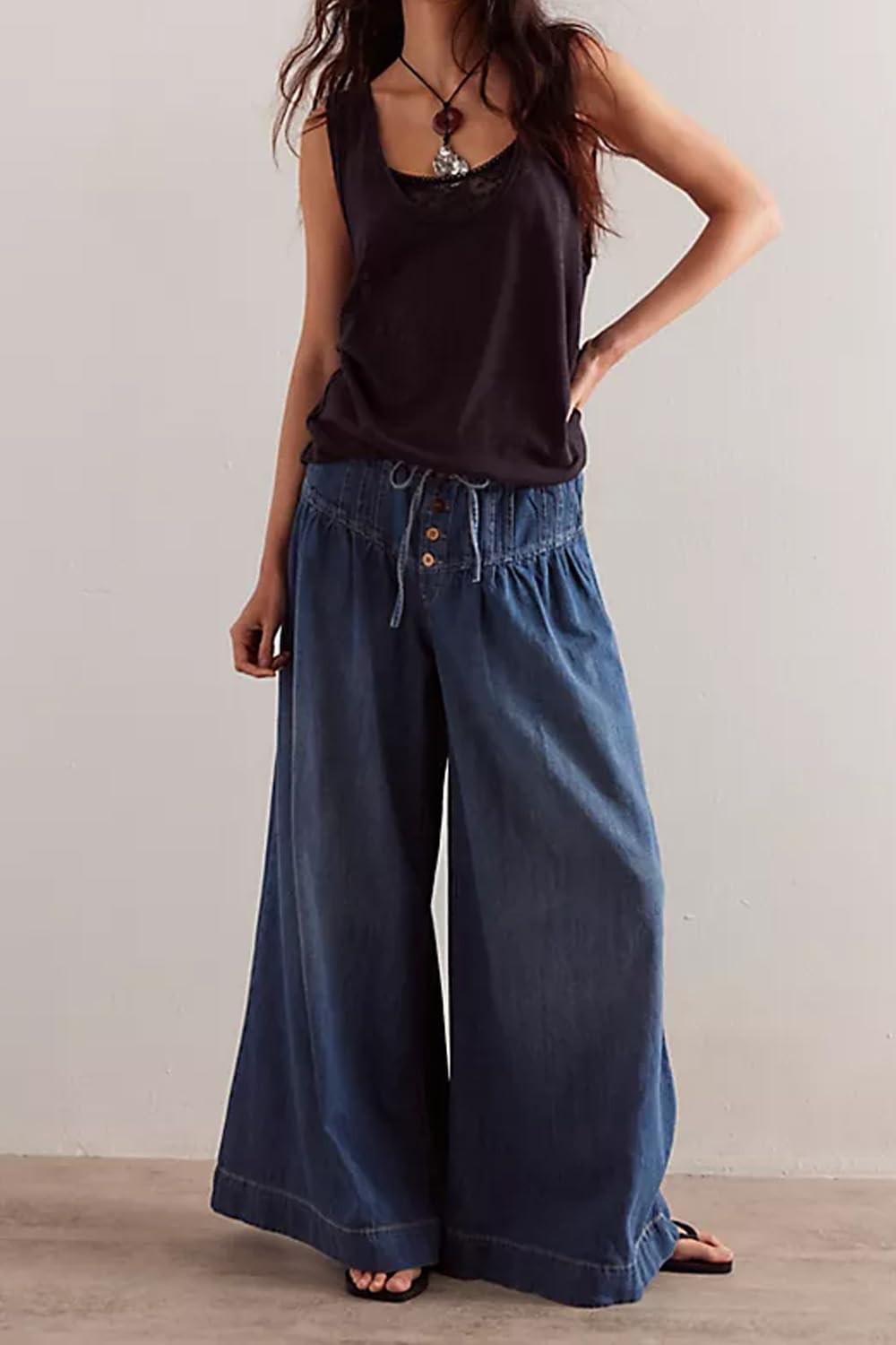 yoeasy Womens Wide Leg Jeans Elastic Drawstring Waisted Casual Loose Flare Denim Pants Baggy Boyfriend Jeans