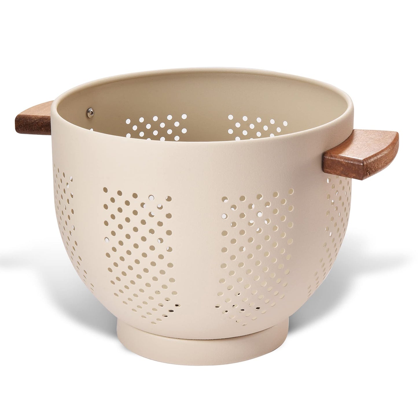 Metal Colander with Wood Handle and Stable Base, Powder Coated Steel Kitchen Strainer Basket for Draining Pasta, Vegetable and fruit(7quart,Sandyellow)