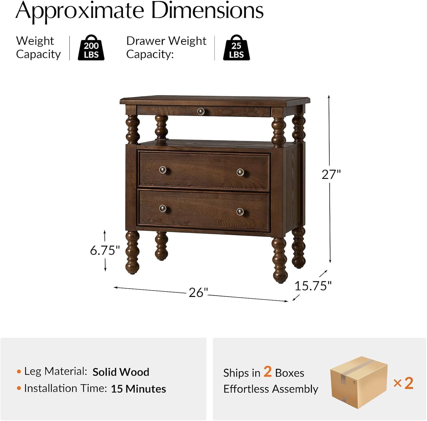 26" End Table with Charging Station and Transitional 2 Drawer Wood