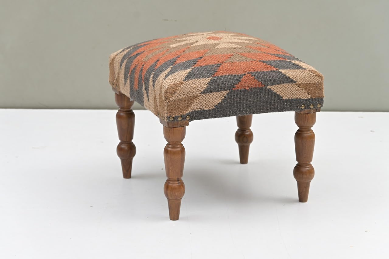 Handmade Jute Ottoman Stool with Wooden Legs