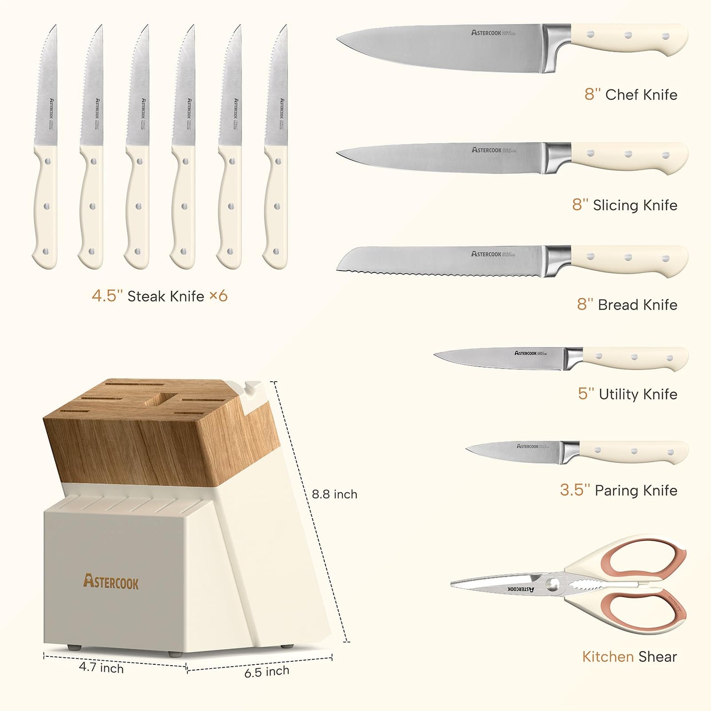 Knife Set,Astercook Kitchen Knife Set with Block 22-Piece Full Tang Stainless Steel Knives with Sharpener Dishwasher Safe and Anti-Slip Ergonomic Handle Elegant Cream White Utensils Set