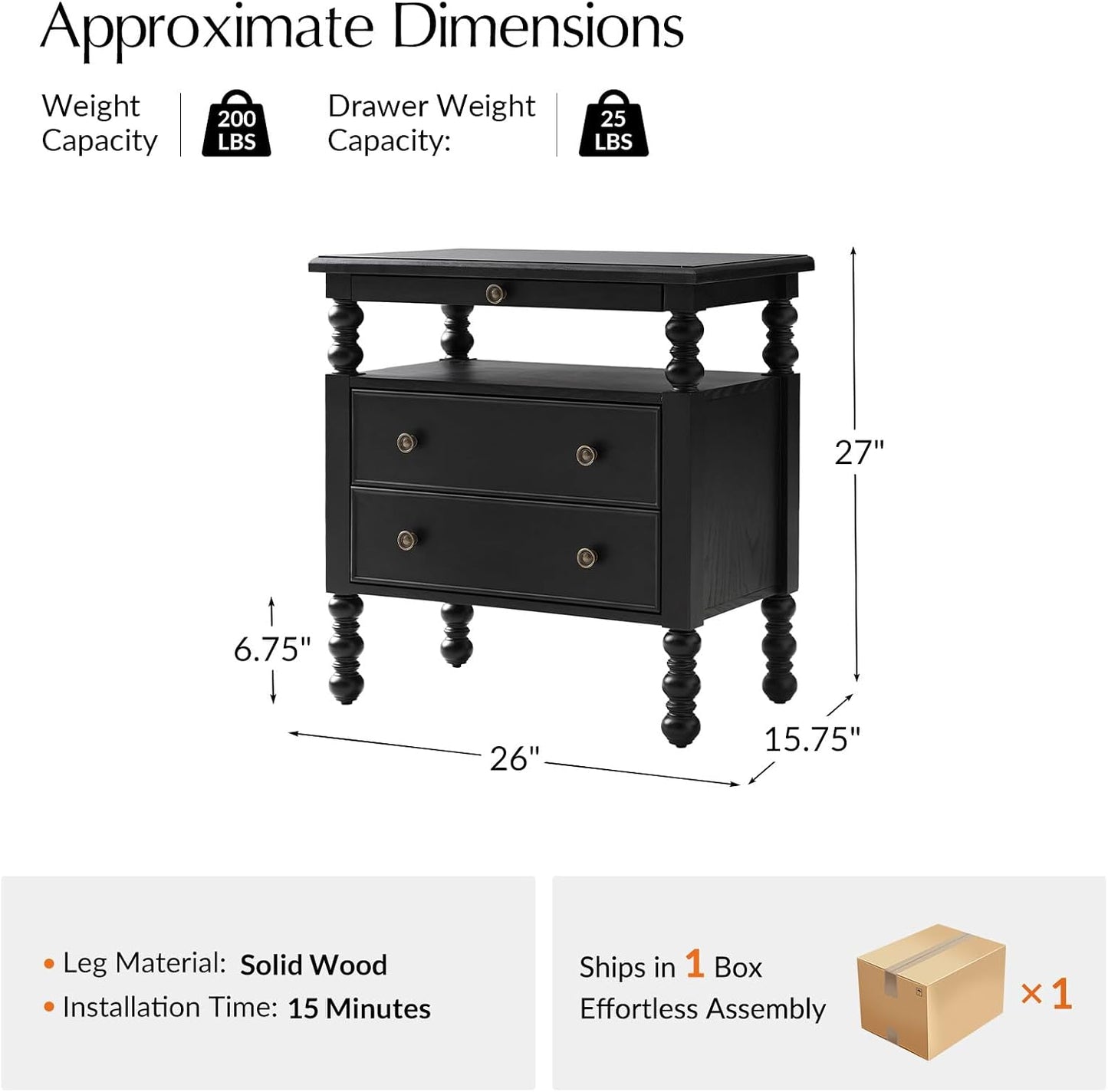 26" End Table with Charging Station and Transitional 2 Drawer Wood