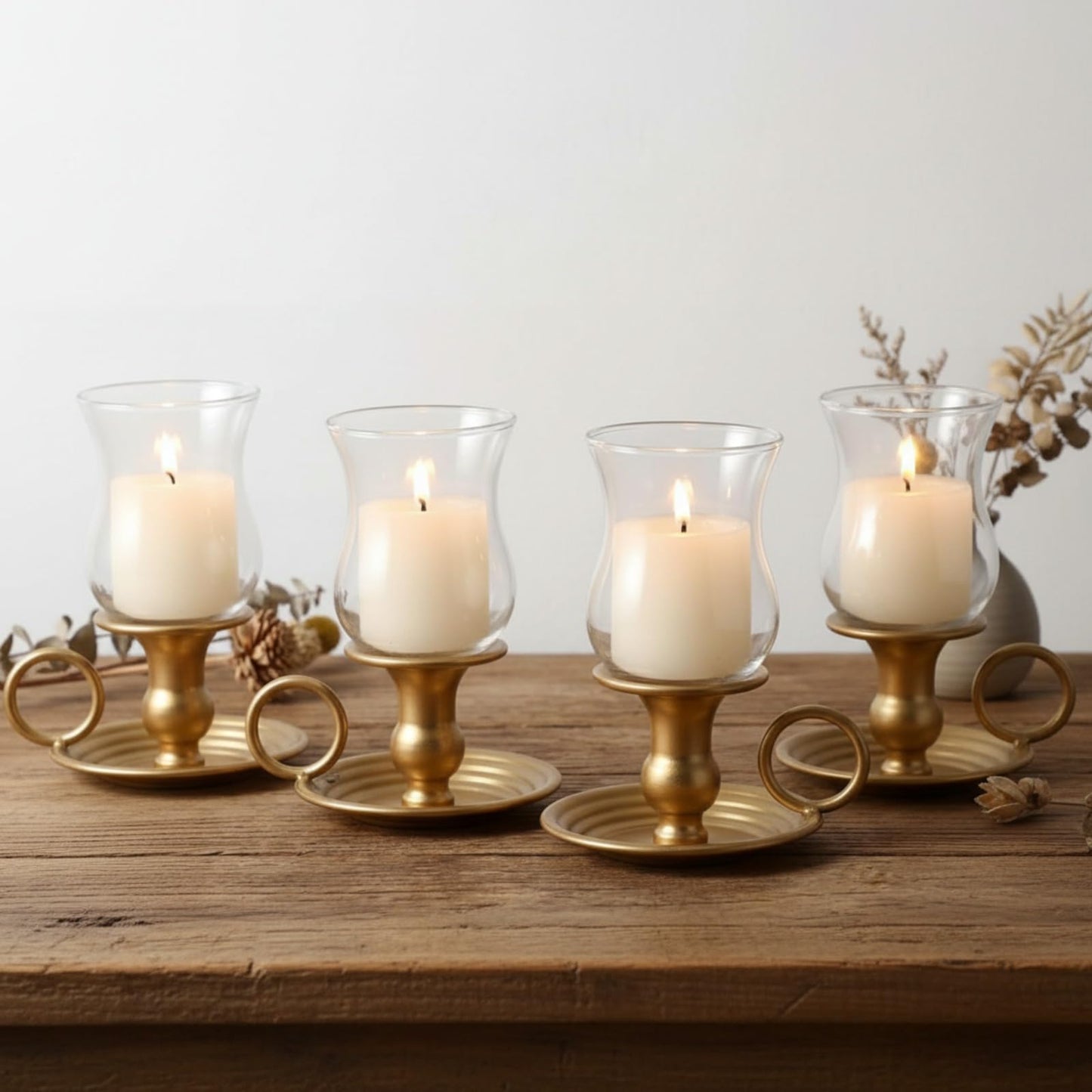 2 Set Hurricane Candle Holders Brass Metal