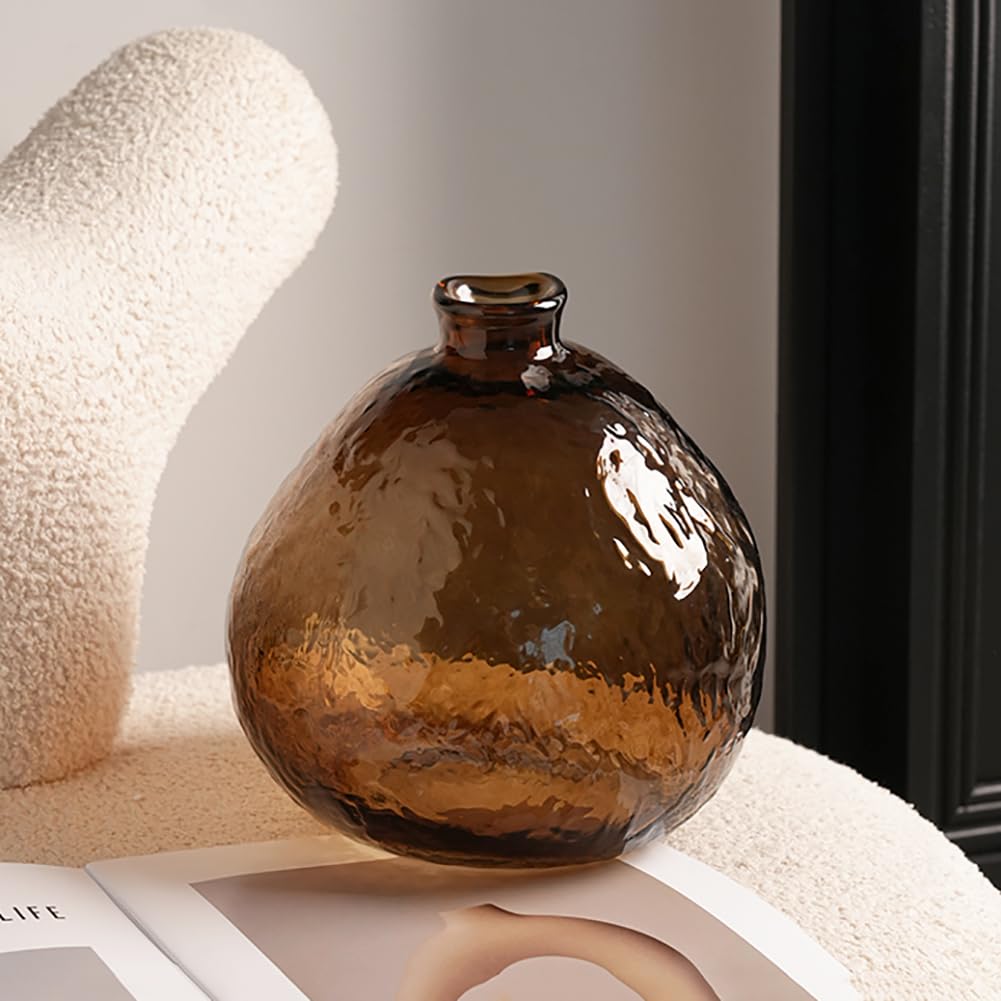Unique Hammered Brown Glass Vase for Plants Decor Ribbed Embossed Flower Vases for Centerpieces Living Room Entrance Table Decoration,Brown