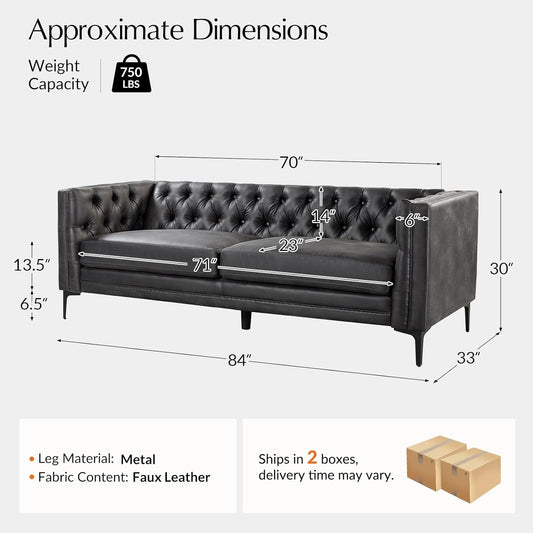 HULALA HOME 84" W Faux Leather Sofa Couch with Metal Legs, Button-Tufted 3-Seater Sofa, Mid Century Modern Contemporary Upholstered Couch for Living Room, Apartment, Charcoal