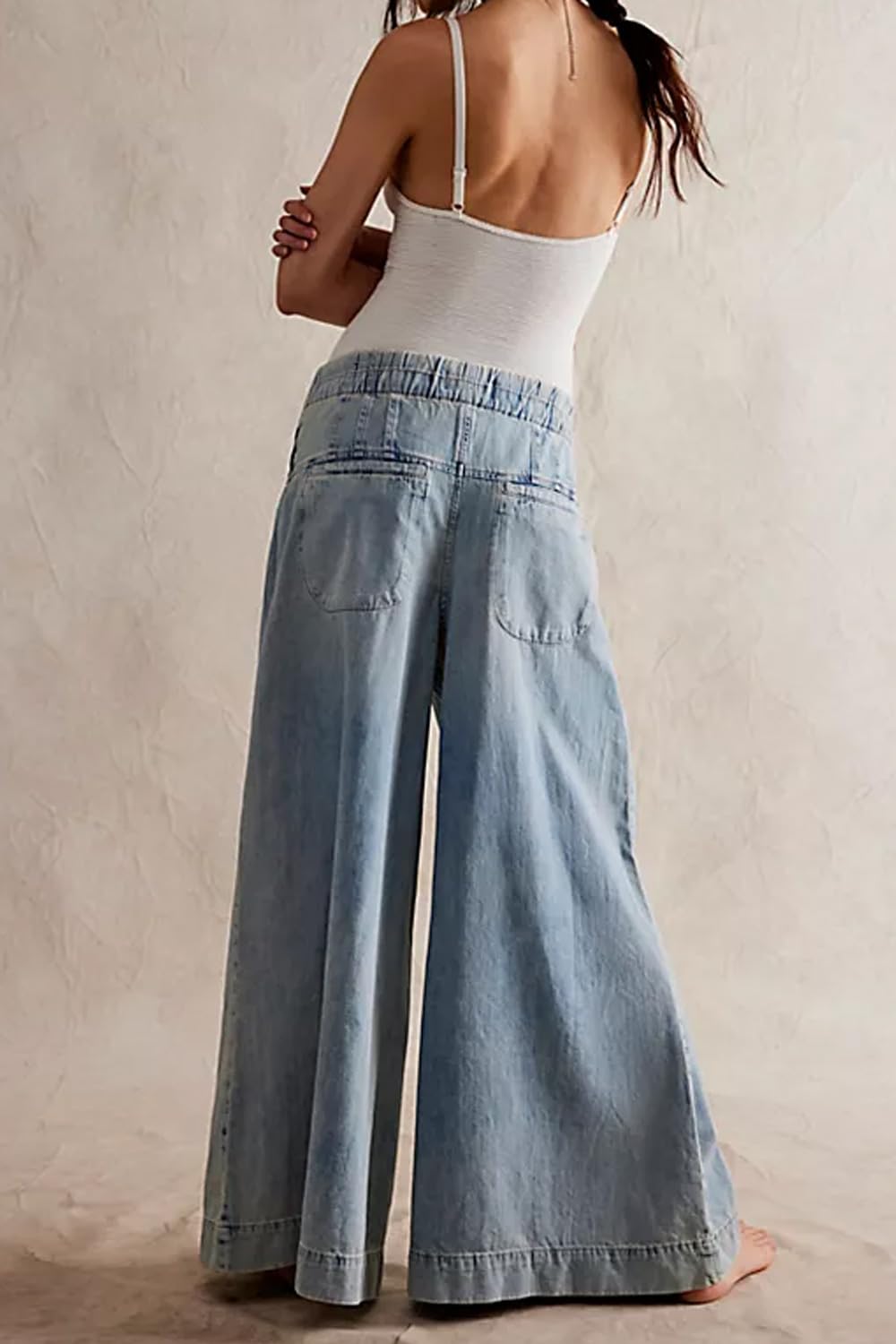 yoeasy Womens Wide Leg Jeans Elastic Drawstring Waisted Casual Loose Flare Denim Pants Baggy Boyfriend Jeans