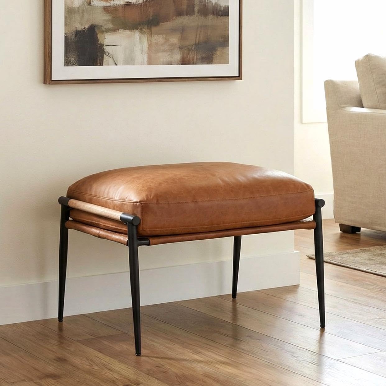 Chenille Upholstered Footstool with Black Legs