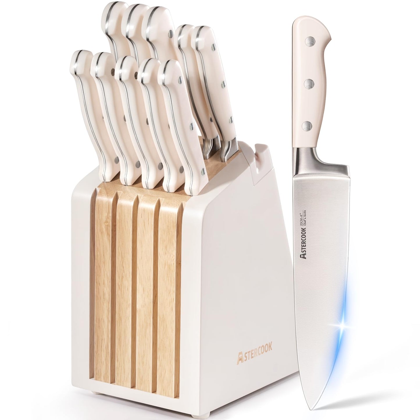 Knife Set,Astercook Kitchen Knife Set with Block 22-Piece Full Tang Stainless Steel Knives with Sharpener Dishwasher Safe and Anti-Slip Ergonomic Handle Elegant Cream White Utensils Set