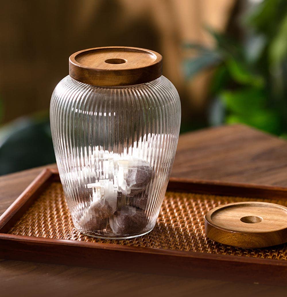 Glass Food Storage Container Candy Dish Spice Jar with Seal Wooden Lid
