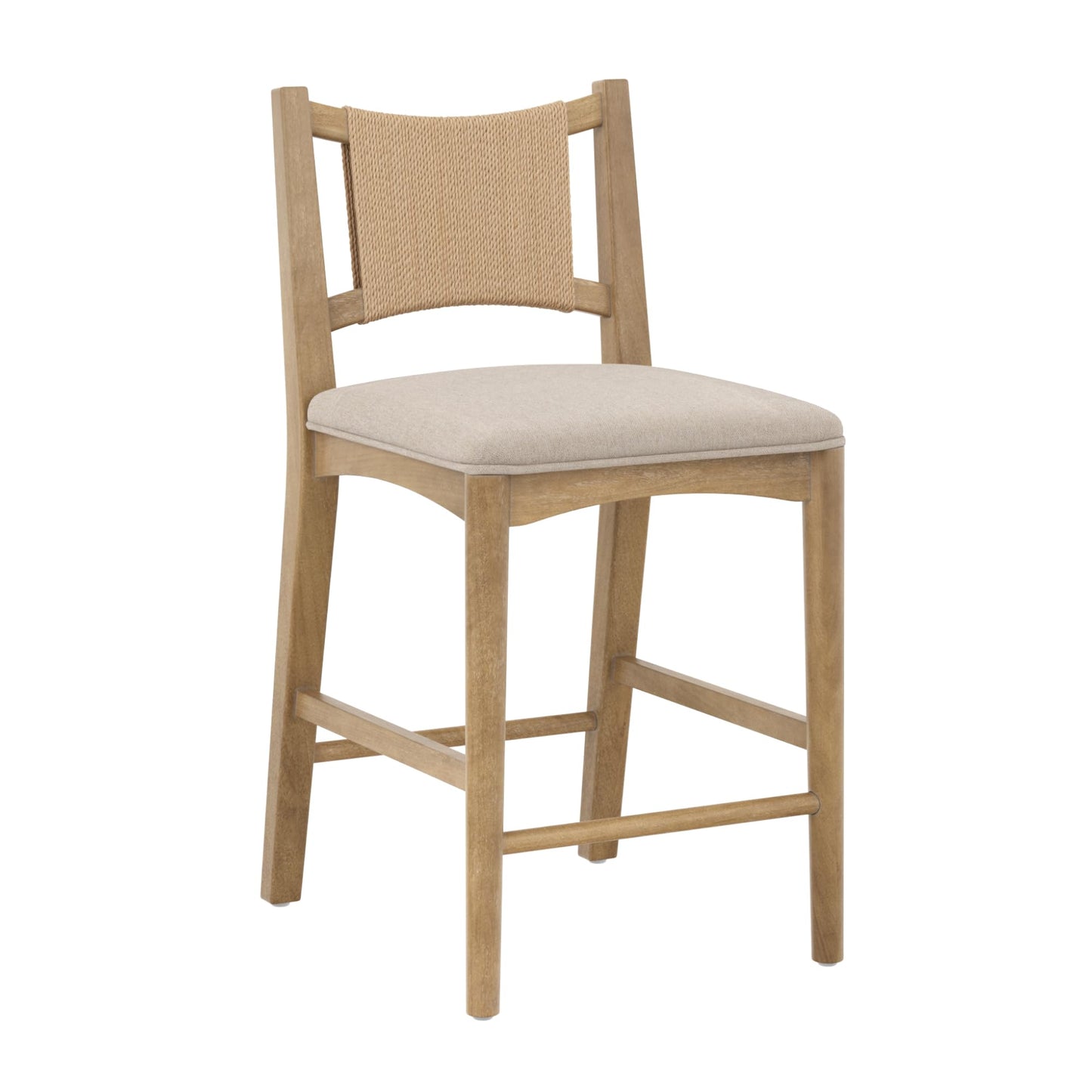 Nathan James Rikki Seagrass Bar Stool with Back, 2-Pack Boucle Counter Stool with Upholstered Seat, Solid Wood Frame, and Woven Seagrass Backrest