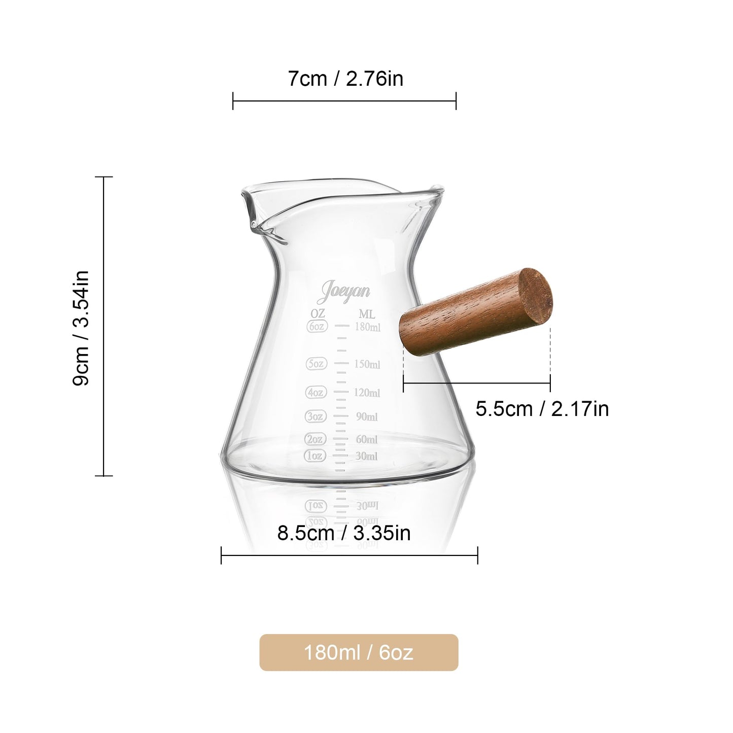 Joeyan 6 oz Glass Measuring Cups with Spout,Borosilicate Glass Triple Pitcher with Scale,Origami Style Espresso Shot Glasses with Wood Handle for Coffee Milk,Dishwasher Safe