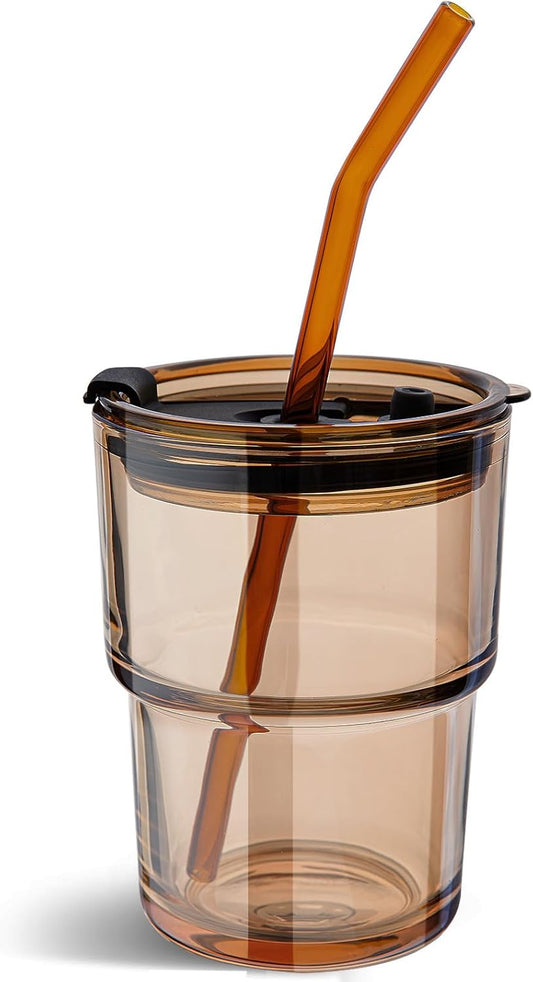 13oz Glass Tumbler with Straw and Lid, Reusable Iced Coffee Cup Tumbler, Cute Glass Cups for Water, Matcha, Travel Coffee Mugs (Amber - 13oz)