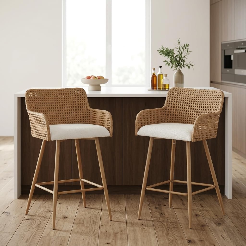 Rattan Bar Stools Set of 2, Counter Height Wicker Bar Stools with Square Back, Square Bar Chair with PE Rattan with Metal Legs,Chair for Home Kitchen