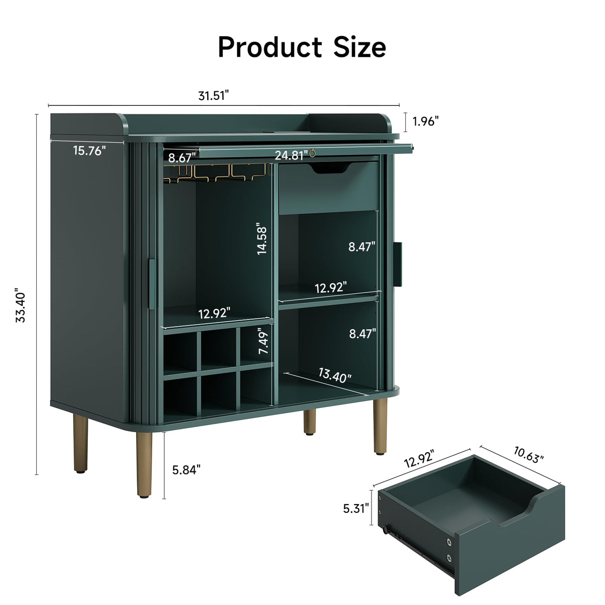 33" H Fluted Bar Cabinet with Storage, Wine Cabinet
