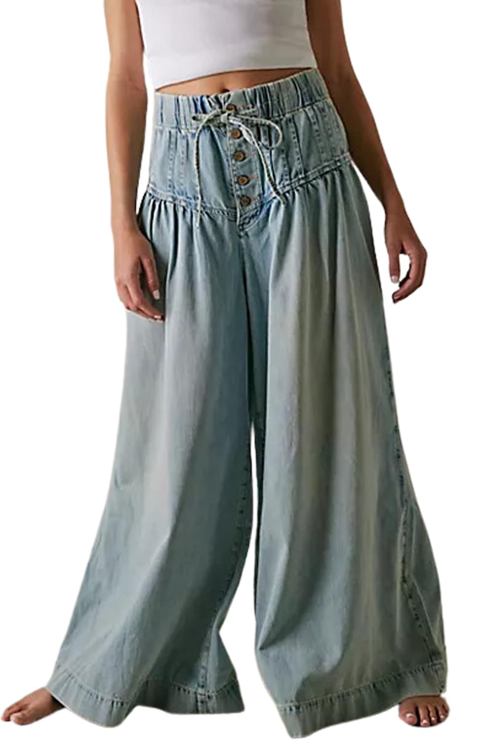 yoeasy Womens Wide Leg Jeans Elastic Drawstring Waisted Casual Loose Flare Denim Pants Baggy Boyfriend Jeans