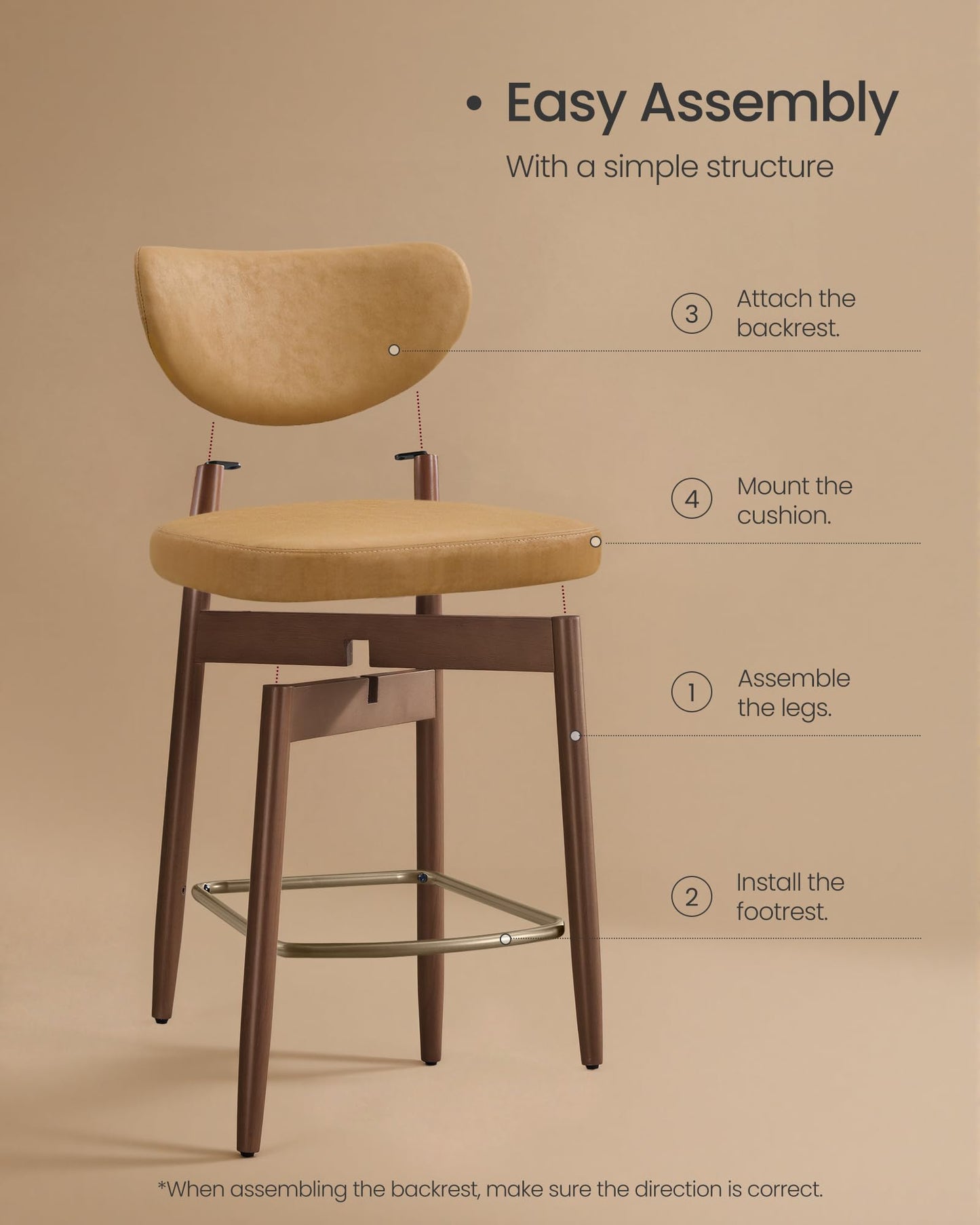 VASAGLE Wooden Bar Stools Set of 2, Upholstered Counter Height Barstools with Solid Wood Legs, Ergonomic Backrest, Mid Century Modern, for Kitchen Island, Linen-Look Fabric, Cappuccino Beige