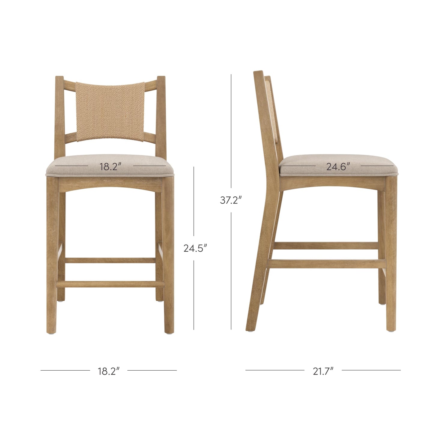 Nathan James Rikki Seagrass Bar Stool with Back, 2-Pack Boucle Counter Stool with Upholstered Seat, Solid Wood Frame, and Woven Seagrass Backrest