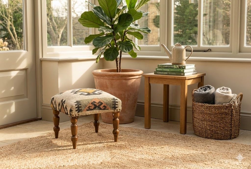 Handmade Jute Ottoman Stool with Wooden Legs