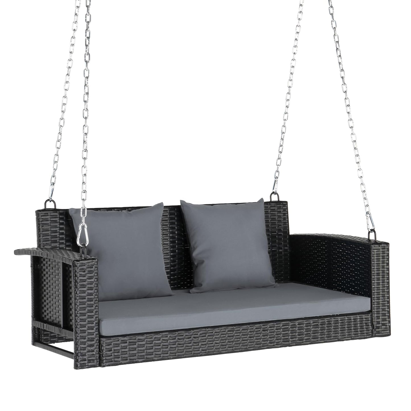 VINGLI 2.4 FT 1-Person Use Round Rattan Porch Swing Outdoor Support 440 LBS with Cushions & Adjustable Chains, Patio Wicker Swing Bench Chair for Garden, Yard, Lawn, Tree, Brown