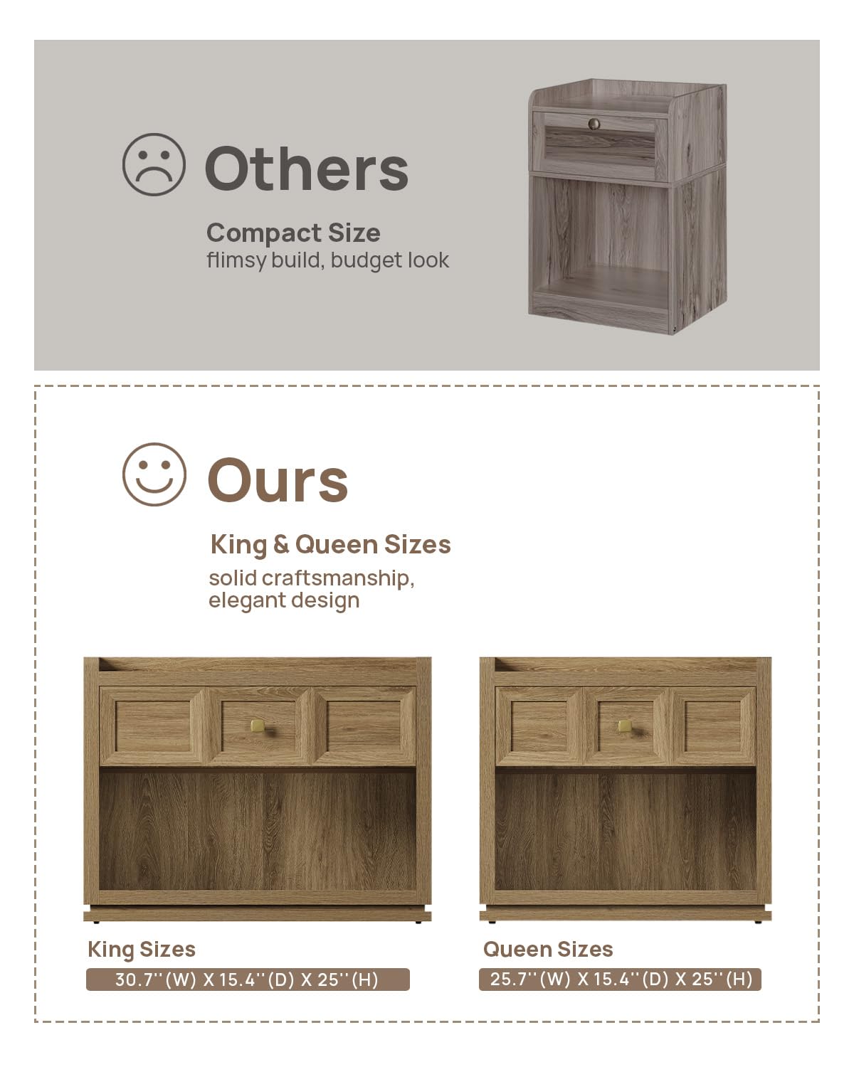 SICOTAS Night Stand Set 2, 26" Wide Nightstands with Drawer, Large Queen Size Nightstands Set of 2, Modern Bedside Table for Bedroom, Side End Table (Brown Oak, 26-Inch)