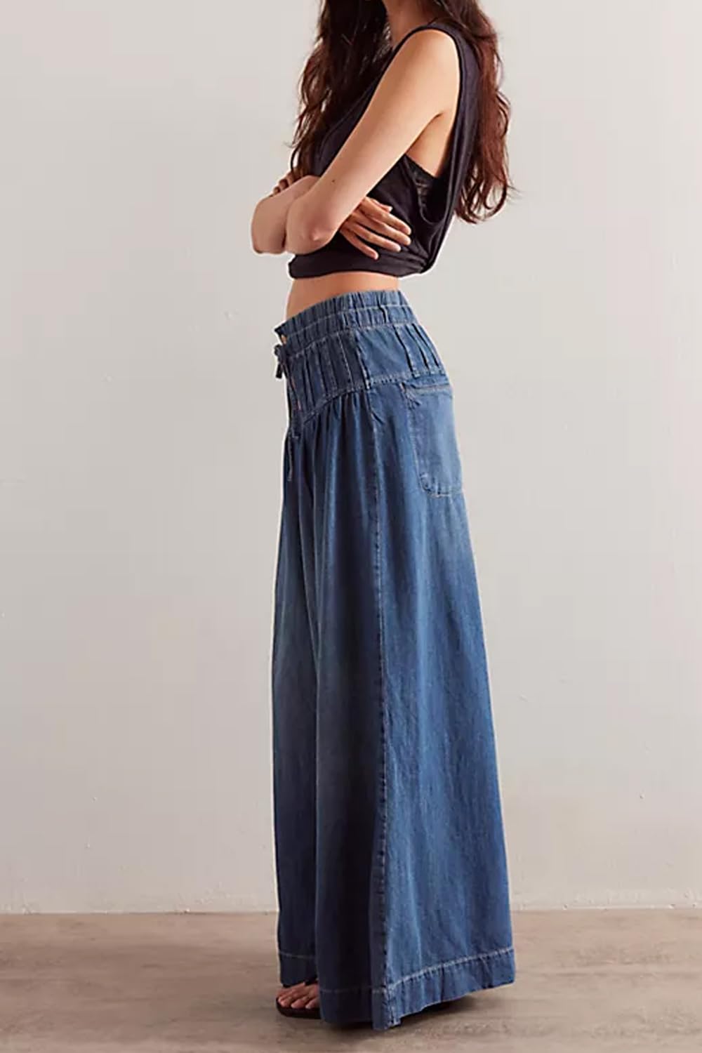 yoeasy Womens Wide Leg Jeans Elastic Drawstring Waisted Casual Loose Flare Denim Pants Baggy Boyfriend Jeans