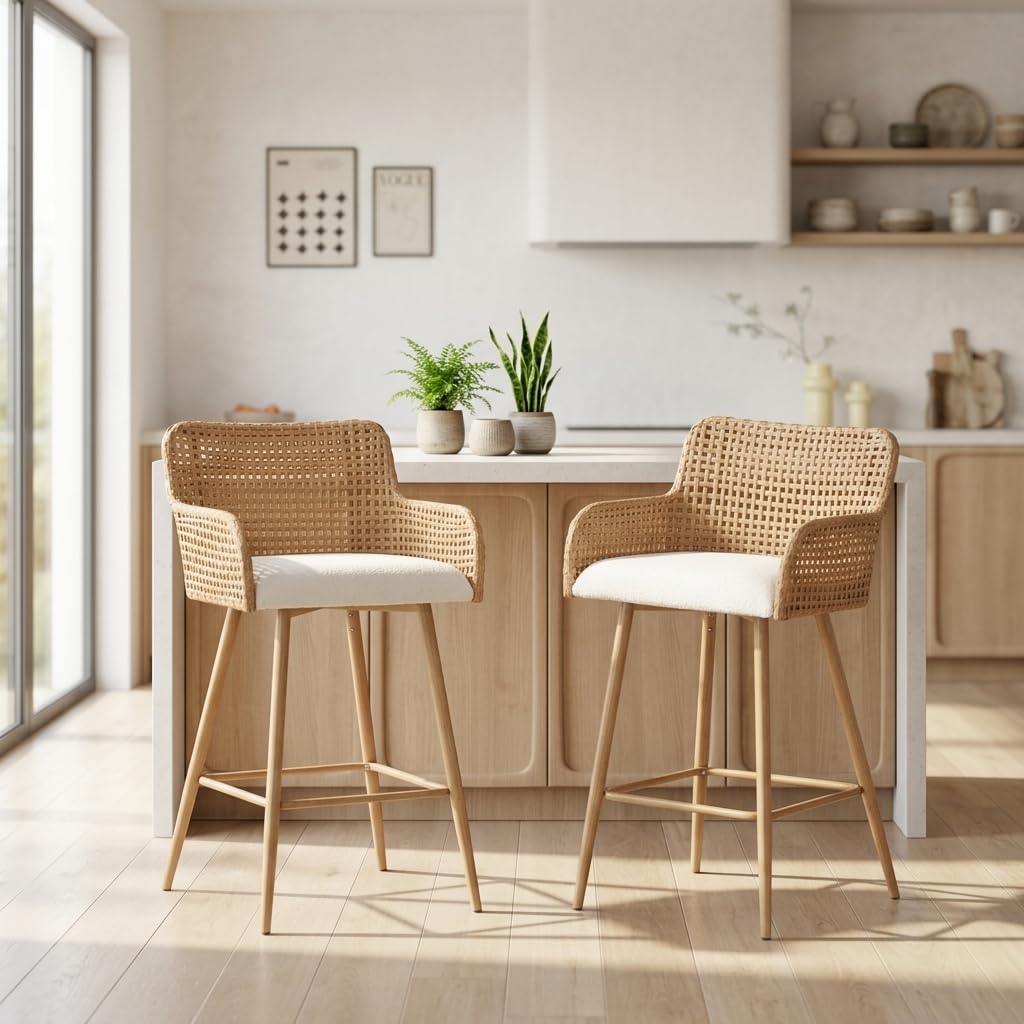 Rattan Bar Stools Set of 2, Counter Height Wicker Bar Stools with Square Back, Square Bar Chair with PE Rattan with Metal Legs,Chair for Home Kitchen