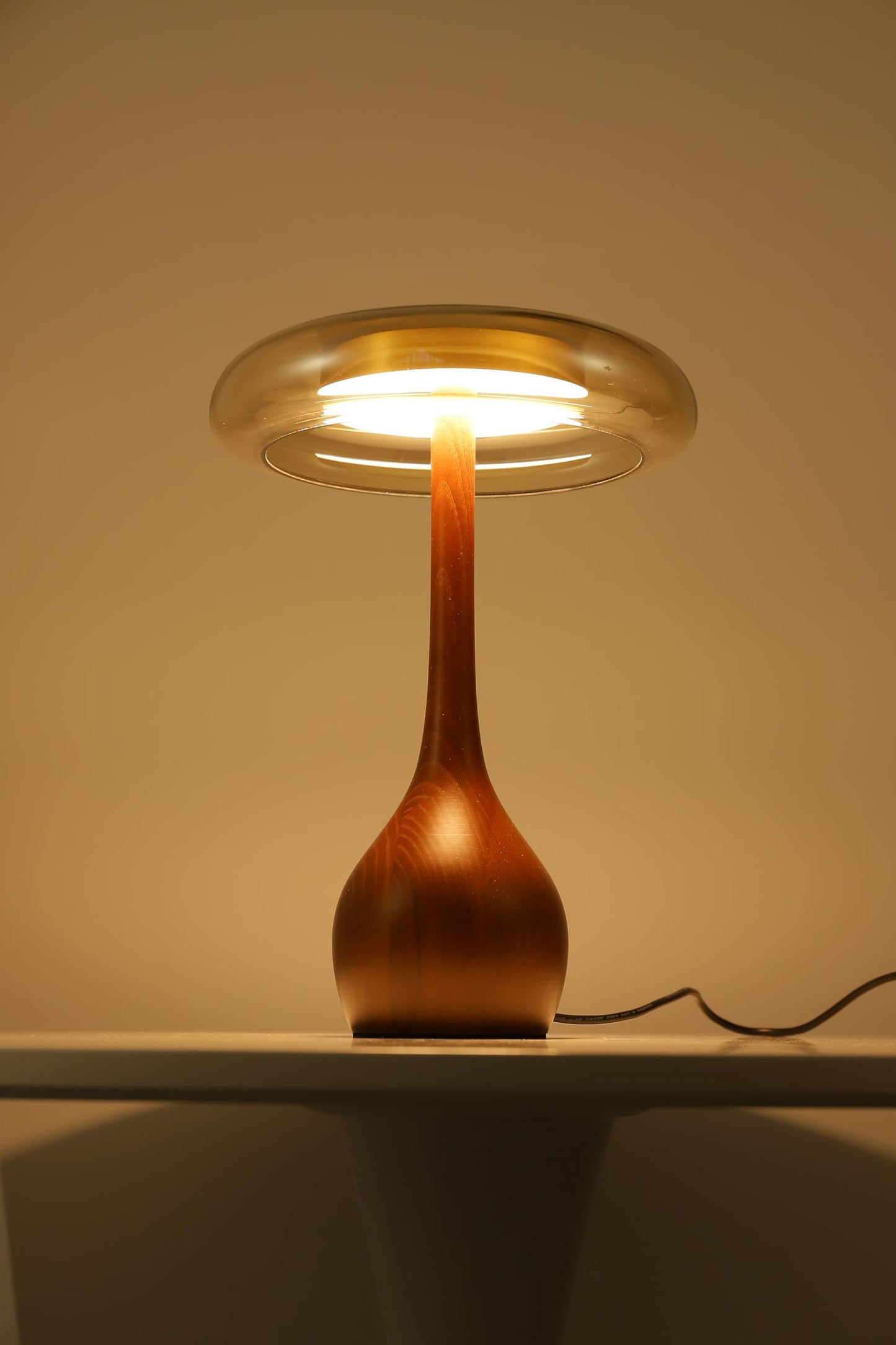 Brass Base Mushroom Table Lamp for Bedroom, Small Desk Lamp with Amber Glass Shade, LED Three Color Temperature Adjustable Brightness Modern Side Table Lighting (H 15.4 in)