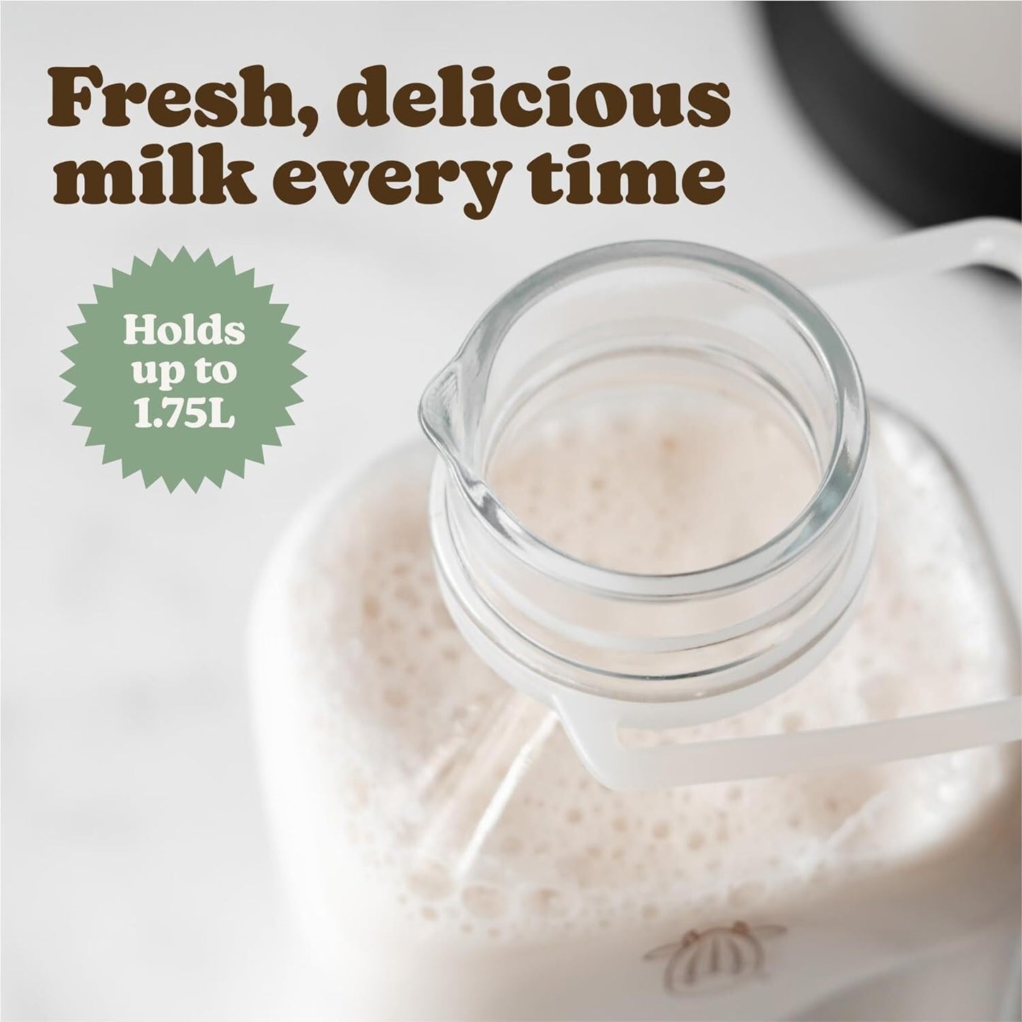 Almond Cow - Glass Pitcher with Lid and Spout, Glass Bottle Milk Container for Refrigerator, Clear Milk Jar Bottles, Food-Grade Liquid Container - 60 fl oz Capacity, 5 x 4 x 10 Inches