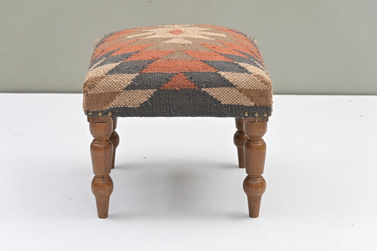 Handmade Jute Ottoman Stool with Wooden Legs
