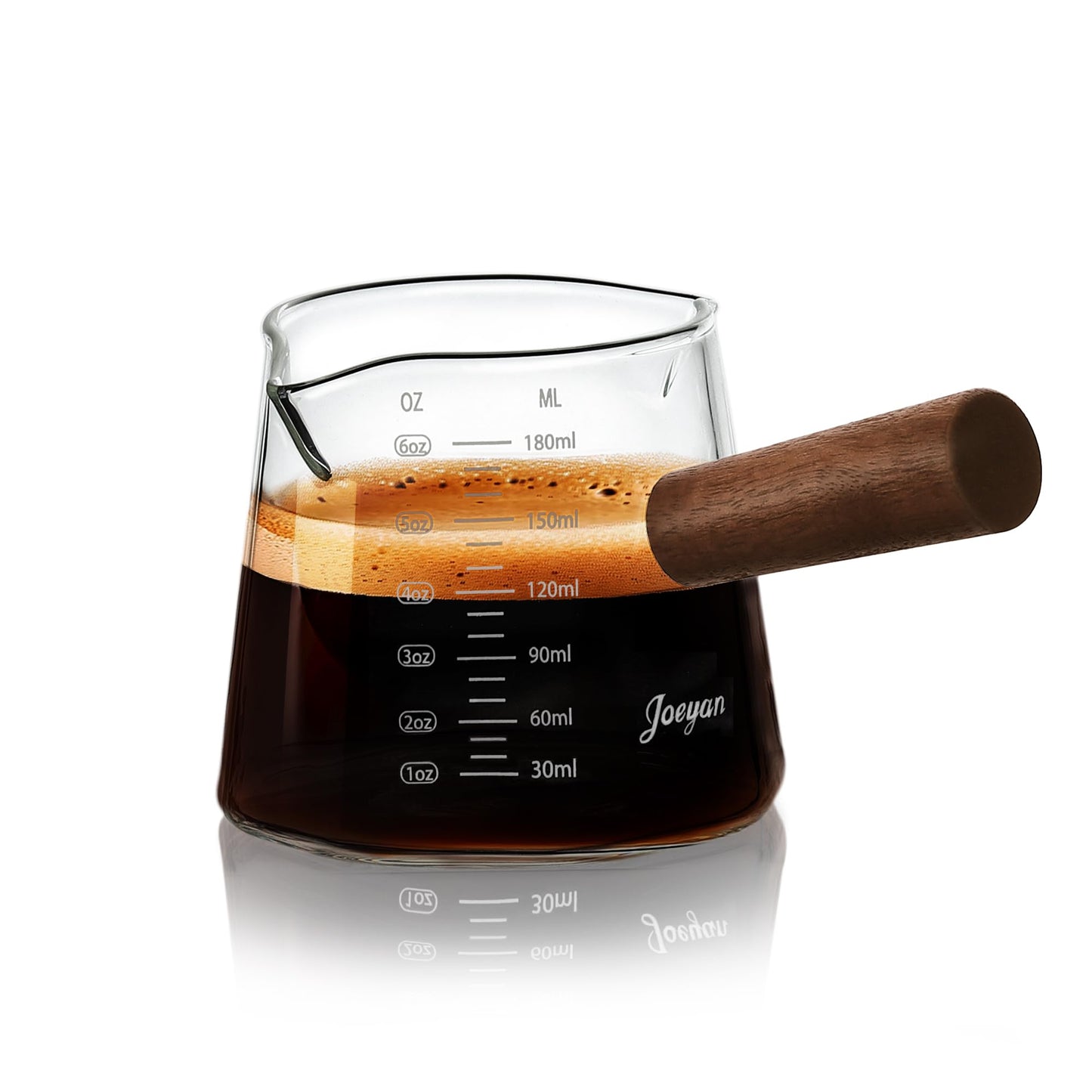 Joeyan 6 oz Glass Measuring Cups with Spout,Borosilicate Glass Triple Pitcher with Scale,Origami Style Espresso Shot Glasses with Wood Handle for Coffee Milk,Dishwasher Safe